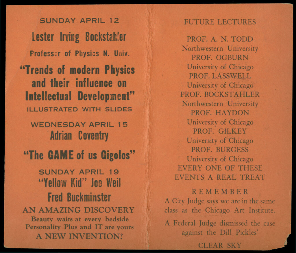 Flyer with black text on orange paper reading, "Lester Irving Bockstahler/ Professor of Physics N. University/'Trends of modern Physics and their influence on Intellectual Development'/Illustrated with Slides