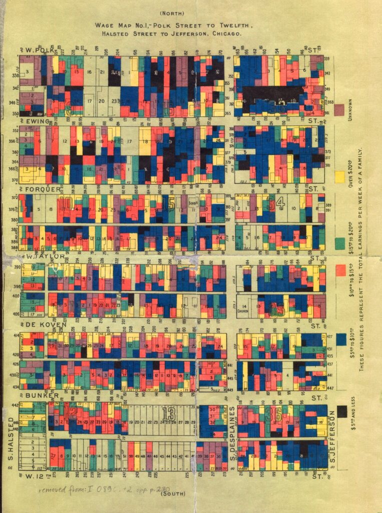 Detail of a map showing a set of Chicago blocks color coded by the wages of residents.