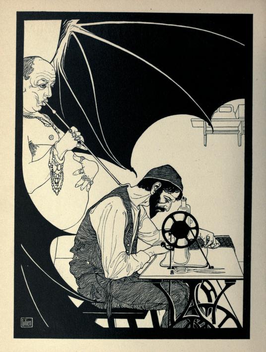 Black-and-white illustration of a Jewish immigrant textile worker bent over a sewing machine. Behind him, an industrialist depicted as a demon pulls energy and profit out of the worker through a pipe coming out of his neck.