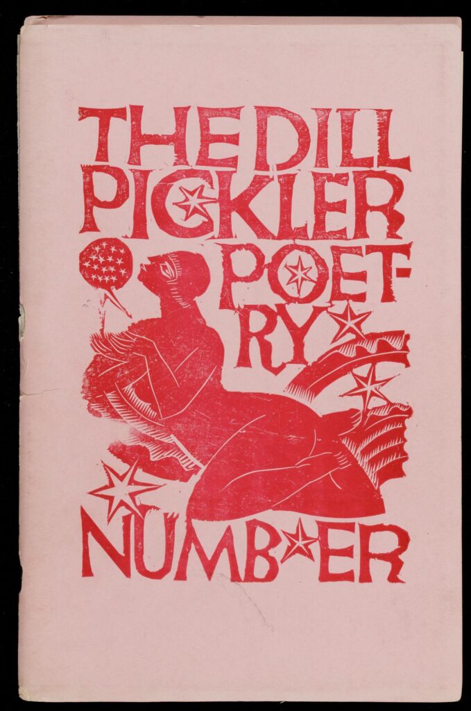 Woodblock print in red on pink paper. Text reads "The Dil Pickler Poetry Number" in capital letters laid out around a nude woman reclining on her side and looking up. Stars fill in empty spots around her and the letters.