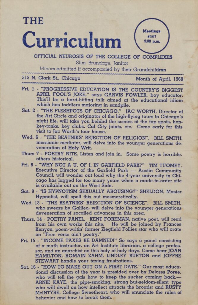 Front page of The Curriculum for April 1963, listing lectures, performances, and events.