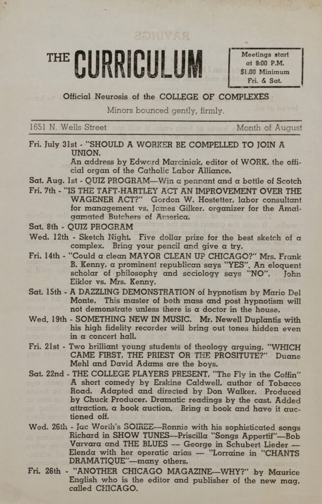 Front page of The Curriculum for August 1953 listing lectures, performances, and other events.
