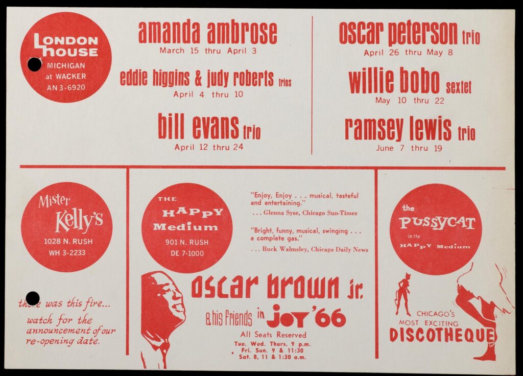 Postcard with red text and illustrations advertising the London House, Mister Kelly's the Happy Medium, and the Pussycat.