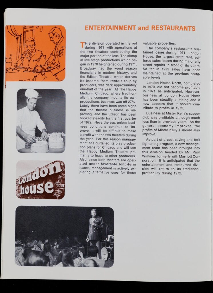 Page from a printed booklet entitled "Entertainment and Restaurants." It describes the profits of Mister Kelly's, London House, and The Happy Medium during 1971. Photographs of the venues are on the side of the page.