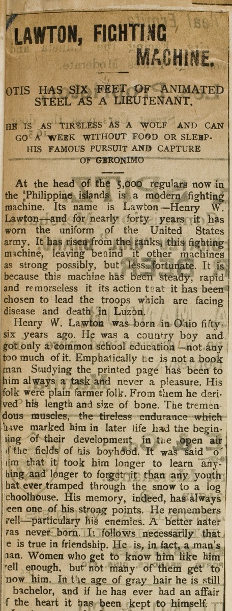Excerpt of a clipped newspaper article describing Lawton's military successes.