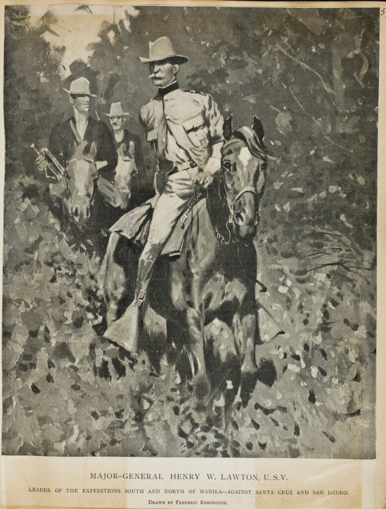 Full-page black-and-white illustration of Lawton, an older white ma, riding a horse through bushes and trees. He wears a military uniform. Other uniformed white men ride behind him.