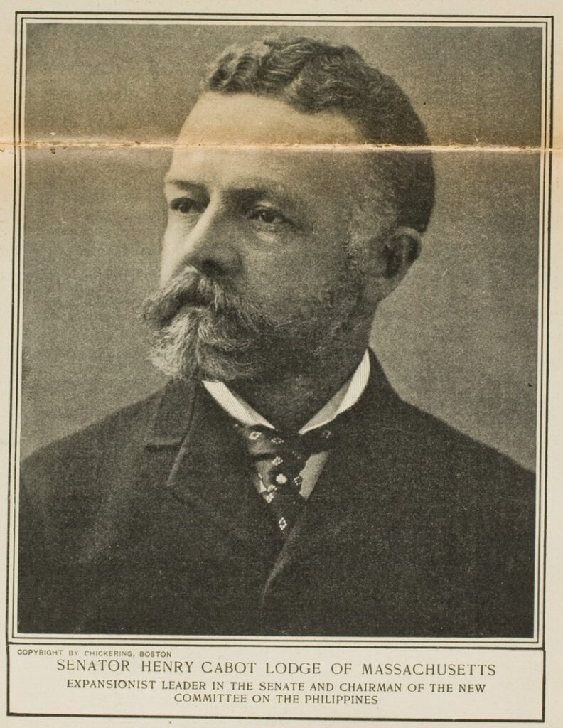 Black-and-white bust photograph of Henry Cabot Lodge, a white man with a short beard wearing a dark coat, white collared shirt, and tie.