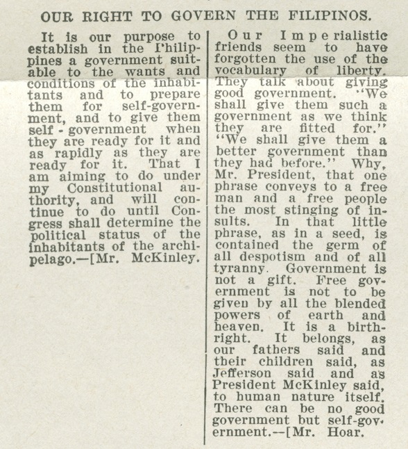 Two columns of printed text, one arguing in favor of US control of the Philippines and one arguing for Philippine independence.