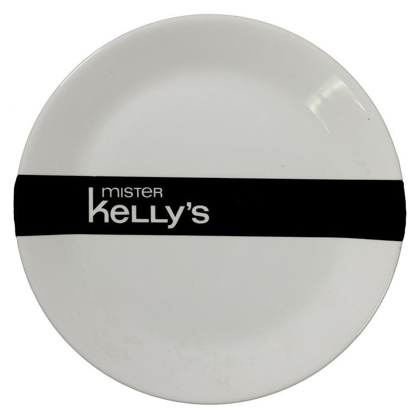 Three white dinner plates of increasing sizes arranged in a row. Each as a black stripe across the middle with "Mister Kelly's" in white text.