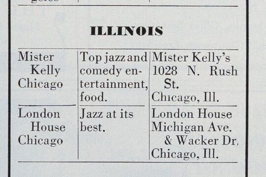 Detail image of a page of text from a magazine listing "Mister Kelly Chicago" as a place to enjoy "top jazz and comedy entertainment, food."